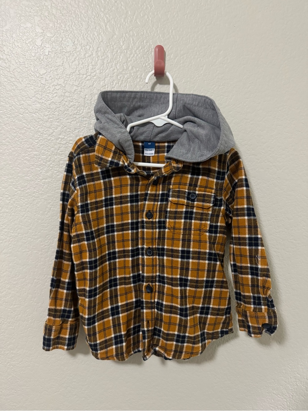 Old Navy Mustard Plaid Button-Down Shirt with Gray Hood